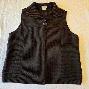 Talbots Woman 1X Merino Wool Ribbed Sweater Vest Button Collar Dark Brown Black